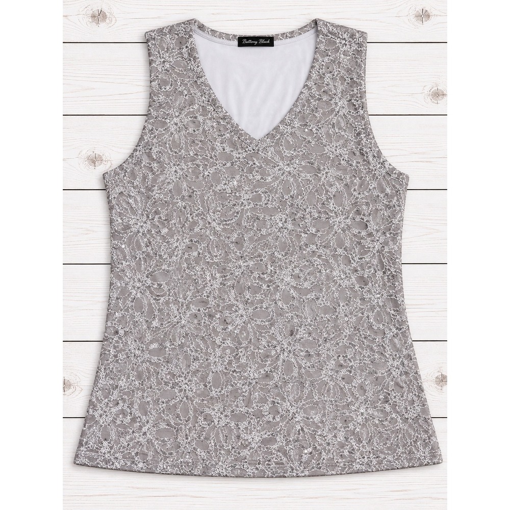 Brittany Black Sleeveless Lace Tank Top Beige Sequin V-Neck Party Blouse XL